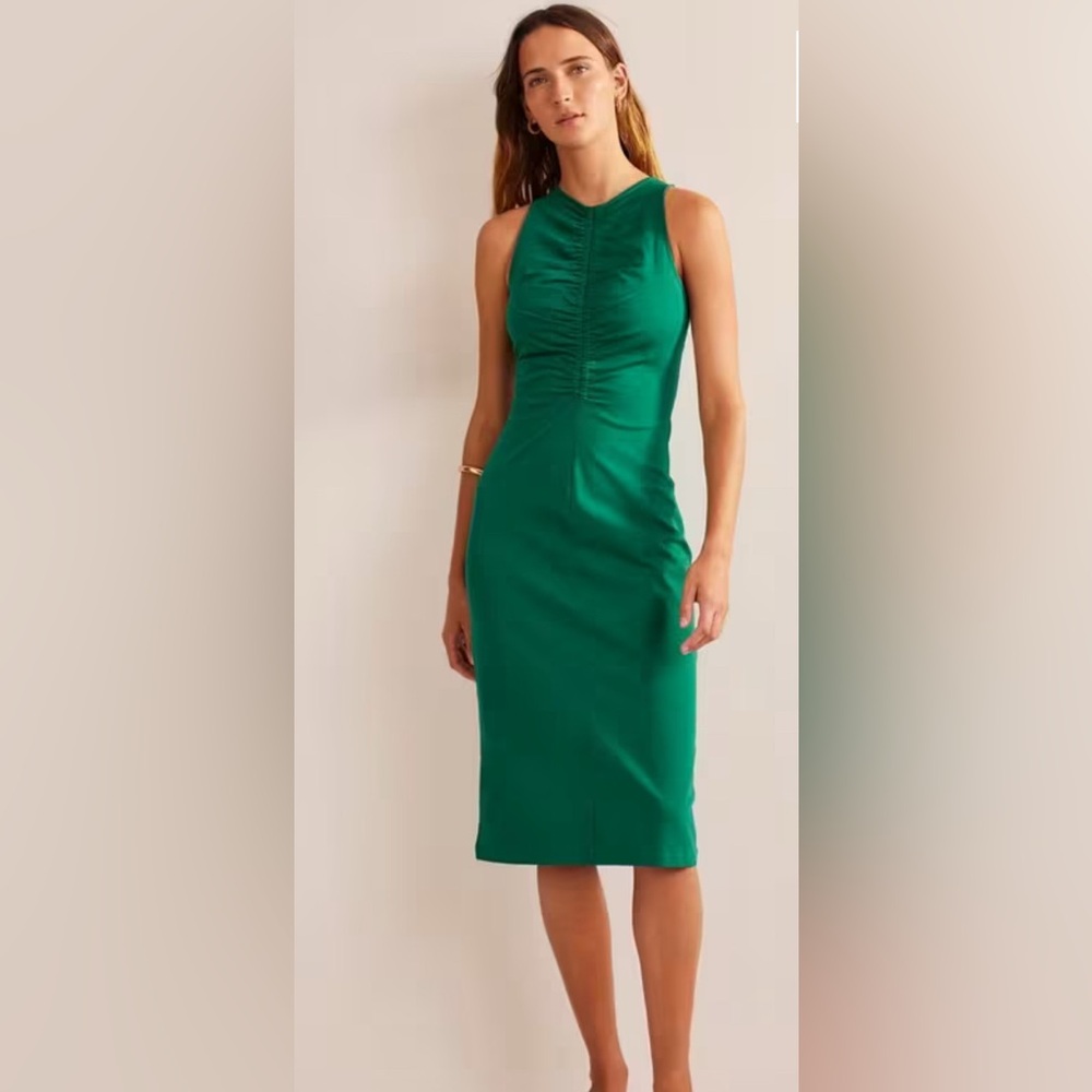 NWT Boden Racer Jersey Midi Dress Green Minimalist Ruched Stretch Size 12R